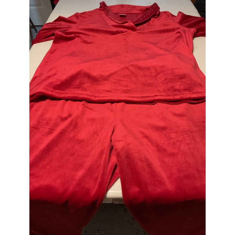 Blair Red Velour Rhinestoneโ Collar Pajama Lounge Set Top Pants L